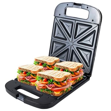ADLER EUROPE AD 3055 Sandwich Maker 2000W – 4 Sandwiches, Antihaftbeschichtete Platten, Thermostat, Kontrollleuchten, Aufrechte Aufbewahrung, Cool-Touch-Griff, Schwarz
