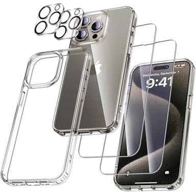 UniqueMe für iPhone 15 Pro Hülle, 5-in-1-Set Handyhülle für iPhone 15 Pro Case Rundumschutz Schutzhülle Cover, 1 Handyhülle & 2 Schutzfolie & 2 Kameraschutz - Transparent