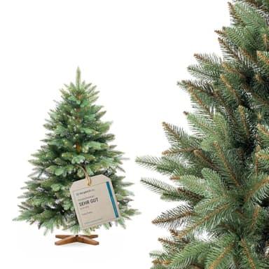 FAIRYTREES Weihnachtsbaum künstlich, Nordmanntanne Premium 120 cm, Naturgetreue Spritzguss Elemente, Made in EU, Künstlicher Weihnachtsbaum mit handgefertigtem Ständer aus Eschenholz