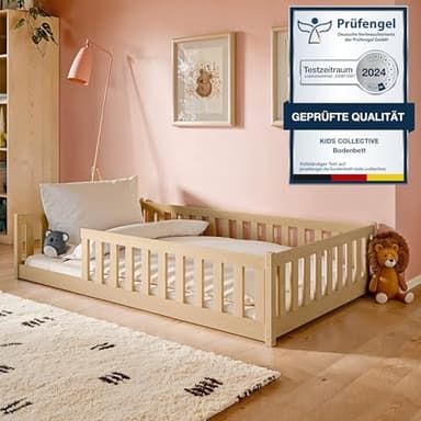 Kids Collective Kinderbett Bodenbett 120x200 cm Bett mit Rausfallschutz & Lattenrost Montessori Bett Bed Gitterbett Kinder Jugendbett Einzelbett | Natur Kiefer Holz massiv Junge Mädchen