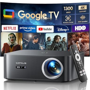 Beamer 4K [1300 ANSI|Google TV] FHD 1080P Beamer Heimkino 4K Unterstützt, Autofokus Auto Trapezkorrektur 30W Smart Tageslicht Projektor Offizielle Lizenz APPs WiFi6 Bluetooth für Home Outdoor