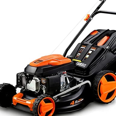 FUXTEC 4in1 Benzin Rasenmäher FX-RM4646 mit Frontbumper, Gartenmäher inkl. Seitenauswurf-Funktion, 46 cm Schnittbreite, 4-Takt mit Hinterradantrieb, kugelgelagerte Big Wheel Räder, 50L Grasfangkorb