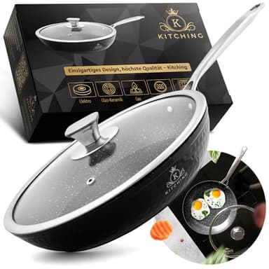 K KITCHING® Bratpfanne 28cm mit Deckel ꟾ 3L Antihaftbeschichtete Pfanne ꟾ Kratzfest ꟾ PFOA FREI & geeigent für alle Herdarten inklusive Induktionꟾ Öl- und fettfreies Braten ꟾ Leichtes Reinigen (28 CM)
