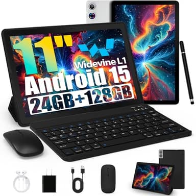 Tablet, Android Tablet 11 Zoll mit 24GB RAM + 128GB ROM (1TB TF), Octa-Core, Widevine L1, WiFi 6 & BT 5.3, 6800mAh Akku, Dual Kamera – Tablet mit Tastatur, Maus, Stift & Hülle
