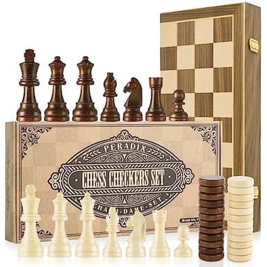 Peradix 2 in 1 Schach und Dame Spiel aus Walnußholz Holz - 39x39CM Klappbar Schachbrett Magnetisch Handgefertigt Schach mit groß Schachfiguren Spielzeug und Geschenk für Kinder