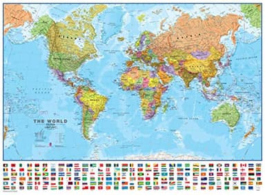 Maps International - Weltkarte mit Flaggen - laminiert - Aktualisiert 2025-84,1 cm (B) x 59,4 cm (H)