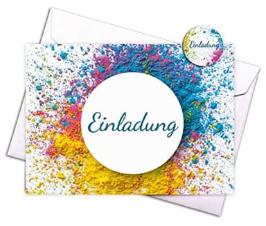 15 Einladungskarten & 15 Umschläge & 15 Aufkleber Holi – bunte Klappkarten im Qualitätsdruck als Set für Geburtstag, Feier, Party, für besondere Anlässe.