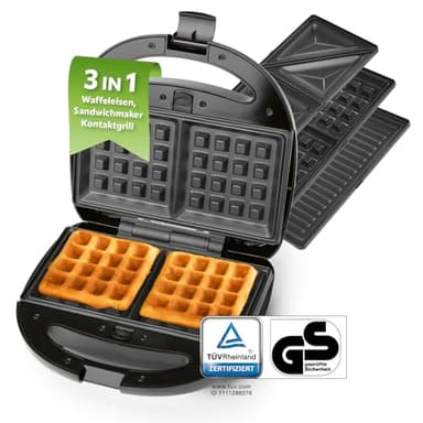GOURMETmaxx Waffeleisen 3 in 1 | Waffelautomat, Sandwichmaker, Kontaktgrill | Multifunktionsgerät mit abnehmbaren Platten, Antihaftbeschichtung, Cool-Touch Griff und Kontrollleuchte | 800 W