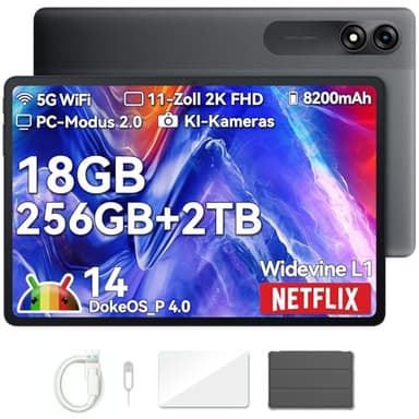 Blackview Tablet 11 Zoll Android, 2K FHD+ Tablet Gaming, 18GB + 256GB(TF 2TB), Octa-Core T606 Chips, Gemini AI, Widevine L1, WiFi, 13MP + 8MP, 8200mAh, GMS, Face ID, Hülle