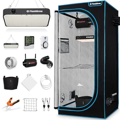 PlantiGrow Growbox Komplettset – Indoor Gewächshaus mit 150W Vollspektrum LED Lampe (Dimmbar), 1680D, Carbon-Filter, Inline-Kanalventilator, Abluftschlauch (60x60x180cm)