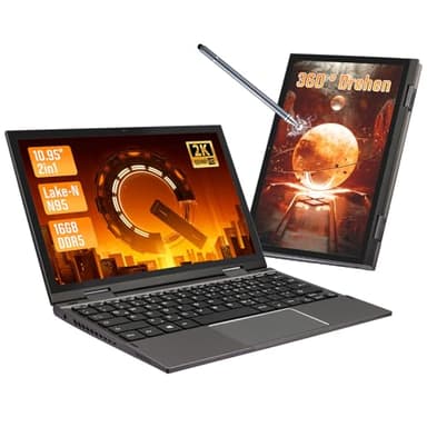LONGEVINCE Mini Laptop, 10,95 Zoll Ultrabook Laptop, 2000 * 1200 Touch Display, Celeron N95 (bis zu 3,4 GHz),16 GB DDR5 RAM,Convertible,QWERTZ-Tastatur,Windows 11,2X Type-C,BT 5.0 (Grau, 16G+512G)