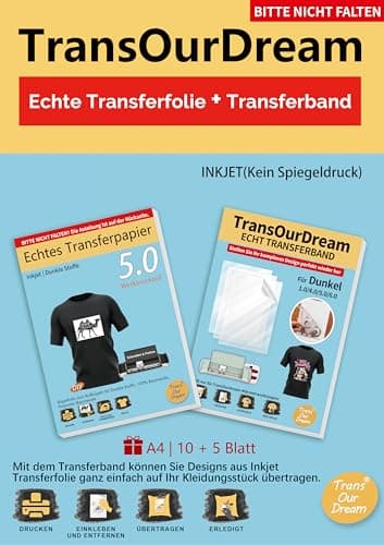TransOurDream (10 Blatt Dunkel 5.0 Transferfolie + 5 Blatt Transferband) Inkjet Transferpapier für dunkle T-Shirts zum Aufbügeln,Textilien Aufbügelpapier (D-Dark5.0+Transferband)