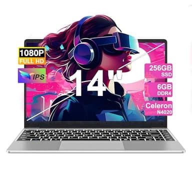 NOTODD 2025 Laptop 14 Zoll Win 11 Pro 6GB RAM 256GB SSD Unterstützung 1TB (TF 512GB) Notebook Celeron N4020 (bis2.8GHz) 5000mAh 1920x1080p WiFi Deutscher Tastaturschutz und kabellose Maus-Silver