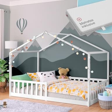 Bellabino Bia Kinderbett 120x200 cm – Hausbett mit Matratze, Rausfallschutz & Lattenrost – Montessori Bodenbett aus Massivholz Kiefer – Kinder Bett in Weiß für Jungen und Mädchen