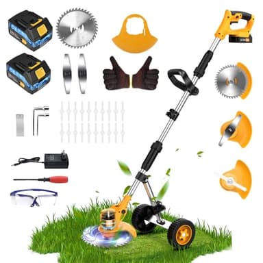 21V Rasentrimmer Mit Akku und Ladegerät Rasentrimmer Elektrisch Teleslopstiel Radkantenschneider Rasenmäher 3 Arten Messer 4 in 1 Freischneider Akku mit 2x2Ah Batterie