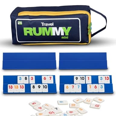 Point Games Punktespiele: Mini Travel Rommé-Spielset mit 106 Spielsteinen und Vier exklusiven 2-Tier-Spielgestellen in Einer extrem haltbaren Reisetasche, White & Blue