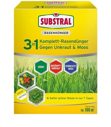Substral 3in1 Komplettrasendünger, 3,6 kg für 100m² Rasenfläche, mit Unkrautvernichter und Moosvernichter