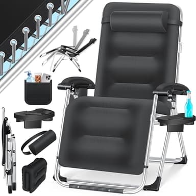 KESSER® Sonnenliege Liegestuhl,Gartenliege extra breit & Wetterfest,Belastbar 200kg,Ergonomisches Polster verstellbare Rückenlehne inkl. Nackenkissen Getränkehalter Armpolster & Seitentasche Schwarz