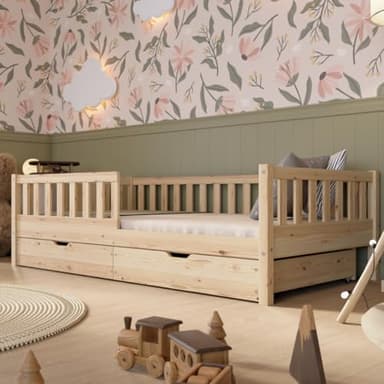 Crazy Pine Kinderbett mit Schublade 120x200cm – Massives Montessori Bodenbett aus Holz mit Rausfallschutz – Sicheres Kleinkindbett – Skandinavisches Design Leichte Montage - Crazy Basic