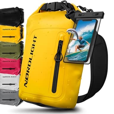 Nordlight Dry Bag wasserdichte Tasche mit Handyhülle + Roll-Top, Schultergurt | Drybag wasserfester Rucksack Beutel Packsack Seesack Wassersack Wetbag | Baden Schwimmen Strand SUP – Gelb, 10 Liter