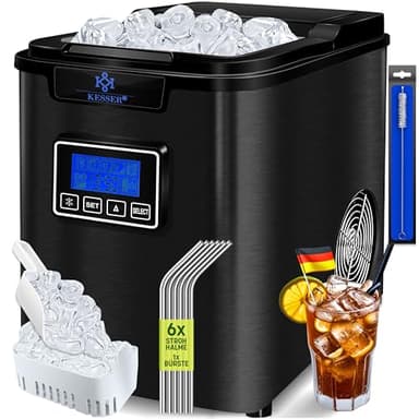 KESSER® Eiswürfelbereiter | Eiswürfelmaschine Edelstahl | 150W Ice Maker | 12 kg 24 h | 3 Würfelgrößen | Zubereitung in 7 min | 2,2 Liter Wassertank | Timer | LCD-Display | Inkl. Zubehör, Schwarz