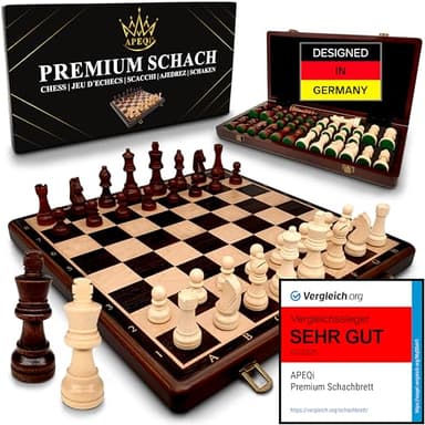 APEQi® Premium Schach - Schachspiel Holz HOCHWERTIG - [38x38cm], Massivholz, 2 EXTRA-Damen, Geschenkidee - Schachbrett Holz hochwertig - klappbares Chess Board mit 34 Schachfiguren, Reiseschach