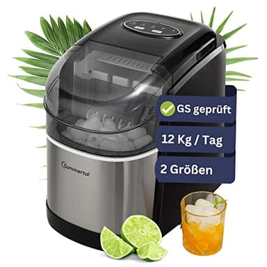 Sommertal Eiswürfelmaschine EM12C - Note 1,3 Warentest, Ice Maker mit schneller Eisherstellung ab 6 Minuten, 12kg pro Tag, 2 Würfelgrößen, mit Schaufel & Entnahmekorb - Eiswürfelbereiter