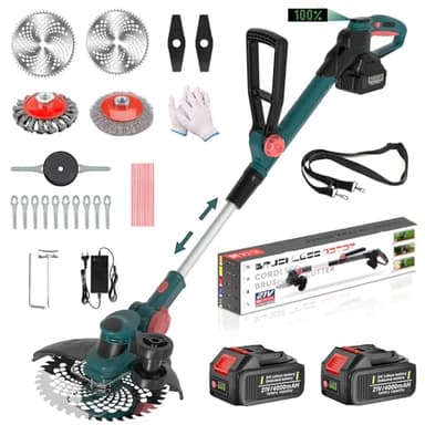Akku Rasentrimmer mit Akku und Unkrautbürste, 21V Bürstenlose Rasentrimmer für Makita Akkus, Elektrischer Freischneider Akku, Inkl. 2X4.0Ah Akku & Ladegerät für Garden Trimmen (Blau)