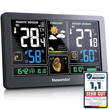 Newentor Wetterstation Funk mit Außensensor - Funkwetterstation mit Wettervorhersage, Temperaturwarnung, DCF Funkuhr - Batteriebetrieb und Netzbetrieb, Weiß, 1 Außensensoren