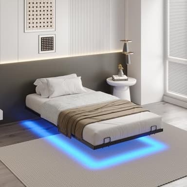 DICTAC Bett 90x200 mit LED Beleuchtung Bettgestell 90x200 mit Lattenrost aus Metall Jugendbett 90 x 200 Schwebende Bett mit Licht,Leicht zu Montieren, Schwarz(ohne matratze)