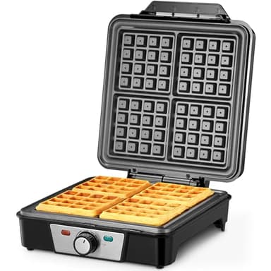 Reemix Waffeleisen für 4 belgische Waffeln, 1200 W Waffel Elektrisch mit Antihaftbeschichtete Platten, Einstellbare Temperatur und Leichte Reinigung, Edelstahl