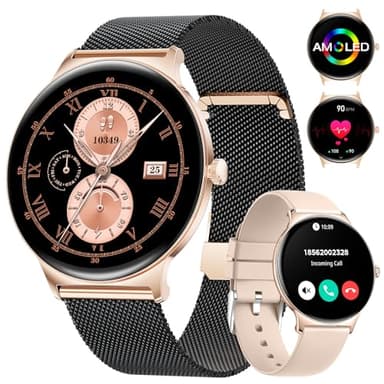 LIGE Smartwatch Damen mit Blutdruckmessung, 1,43" AMOLED Fitnessuhr Damen mit Telefonfunktion/IP68 wasserdichte /120+Sport Modus/Frauengesundheit/Kalorien/Herzfrequenz, Android IOS Schrittzähler Uhr