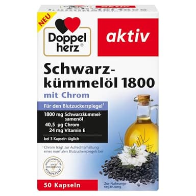 Doppelherz Schwarzkümmelöl 1800 - Mit Chrom als Beitrag zur Aufrechterhaltung eines normalen Blutzuckerspiegels - 50 Kapseln
