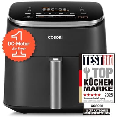 Cosori Turboblaze Airfryer Heißluftfritteuse, 9-in-1 Air Fryer XXL 6L, leiser DC Motor mit 5 Geschwindigkeitsstufen, Grillen, Backen, Gären, Dehydrieren, Tiefkühlen, 87 Rezepte, 64% energiesparend