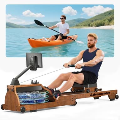Advamsoler Rudergerät für Zuhause, Wasser Rudergerät Hochwertiges Faltbares Wasserrudergerät aus Massivholz, mit Professionellem Bluetooth LCD-Monitor mit Tablet-Halter, Max 150kg Belastbar