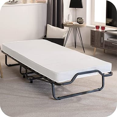 Beautissu Gästebett klappbar 90x200 cm – langlebiges & faltbares Reisebett inkl Schutzhülle & 10,5 cm Dicker Schaumstoff Matratze - Klappbett ohne Aufbau - Stabiler Stahlrahmen & 4 Laufrollen Venetia