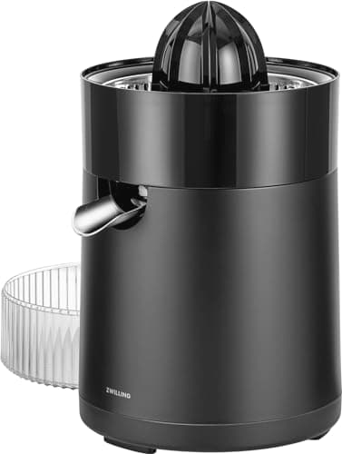 ZWILLING ENFINIGY Zitruspresse elektrisch mit hoher Saftausbeite, 2 Presskegel, verstellbares Fruchtfleisch-Sieb, 85 Watt, Schwarz