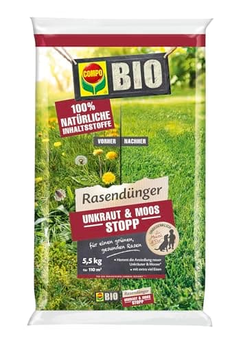 COMPO BIO Rasendünger Unkraut & Moos Stopp - verhindert Ansiedlung von Moos und Unkräutern - 100% natürliche Inhaltsstoffe - 5,5 kg für 110m²