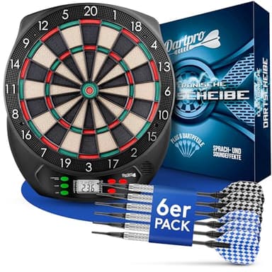 DartPro [DAS ORIGINAL] - Elektronische Dartscheibe Profi - Dartboard mit 6 Darts [kabellos nutzbar] - Innovativer Dartautomat mit 65 Varianten - Double IN & Double Out - für 1 bis 8 Spieler