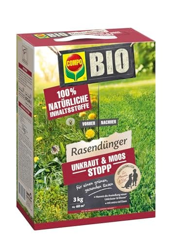 COMPO BIO Rasendünger Unkraut & Moos Stopp - verhindert Ansiedlung von Moos und Unkräutern - natürliche Inhaltsstoffe - 3 kg für 60m²