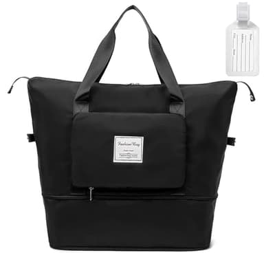 flintronic Reisetasche Damen, Faltbare Reisetasche, Sporttasche, Handgepäck Tasche, Wasserdicht Travel Bag Duffle Bag, Trainingstasche, Handtasche für Sport & Reisen (Mit 1 Gepäckanhänger)-Schwarz