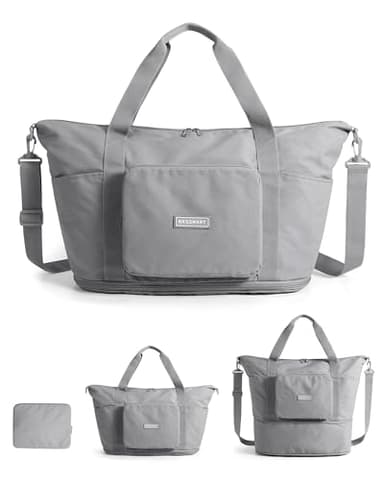 BAGSMART Faltbare Reisetasche Damen Herren, 37L Handgepäck Tasche Sporttasche, Travel Bag Duffle Bag, Weekender Wickeltasche Trainingstasche, Handtasche für Sport & Reisen, Grau
