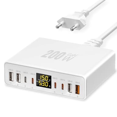 USB C Ladegerät Mehrfach 8-Port mit LED Anzeige, YSYFAD 200W GAN USB Ladestation PPS PD Type C Netzteil QC3.0 Schnellladeleistung Ladegerät USBC 45W Charger für iPhone iPad MacBook Laptops, Weiß