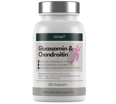 Glucosamin Chondroitin hochdosiert - 1200 mg pro Tag- mit Curcuma, Weihrauch, Hyaluronsäure, Vitamin C, Collagen & Piperin -180 Kapseln, laborgeprüft