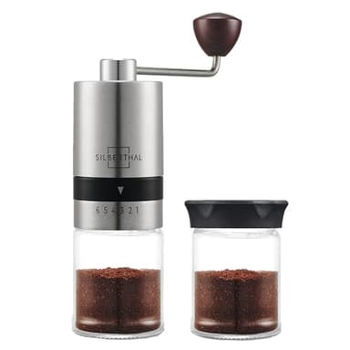 SILBERTHAL Manuelle Kaffeemühle aus Edelstahl & Glas – 6 Mahlgrade (Espresso bis Cold Brew) – Handkaffeemühle für Reisen, Camping & Zuhause – mit Geschenkbox