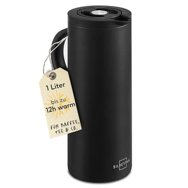 SILBERTHAL Thermoskanne 1l Edelstahl - Doppelwandige Isolierkanne hält 12h warm & 24h kalt - Mit Drehverschluss & Glaseinsatz - Moderne Kaffeekanne in Schwarz Matt