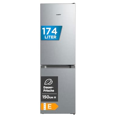 Comfee‘ Kühlschrank mit Gefrierfach RCB169DS2(E) | 174L Kühl-Gefrierkombination (115L Kühlteil + 59L Gefrierteil), 150 cm Höhe | 195 kWh/Jahr, Low Frost, Leise 39 dB | LED-Licht | Freistehend, Silber