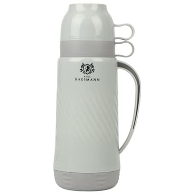 KARL HAUSMANN Thermoskanne 1L - Grau - Kunststoff Thermosflasche Mit Glaseinsatz & 2 Becher - Isolierflasche Für Warm & Kalt Getränke - BPA-freie Thermoskanne Mit Becher - Ideal Für Outdoor & Büro