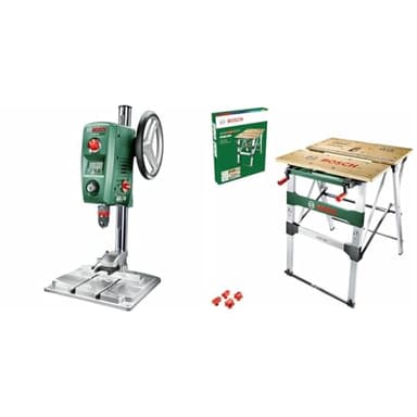 Bosch Home and Garden Tischbohrmaschine PBD 40 (710 W, Max. Bohr-Ø in Stahl/Holz: 13 mm/40 mm, Bohrhub 90mm, im Karton), Grün & Arbeitstisch PWB 600