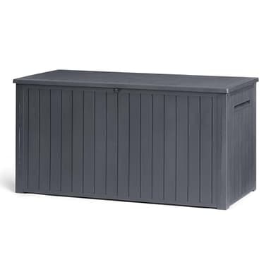 Keter Southwood Gartenbox 643L – Wetterfeste Auflagenbox mit Gasdruckfeder, abschließbar, Kunststoff in Holzoptik, grau, 146x74x70 cm